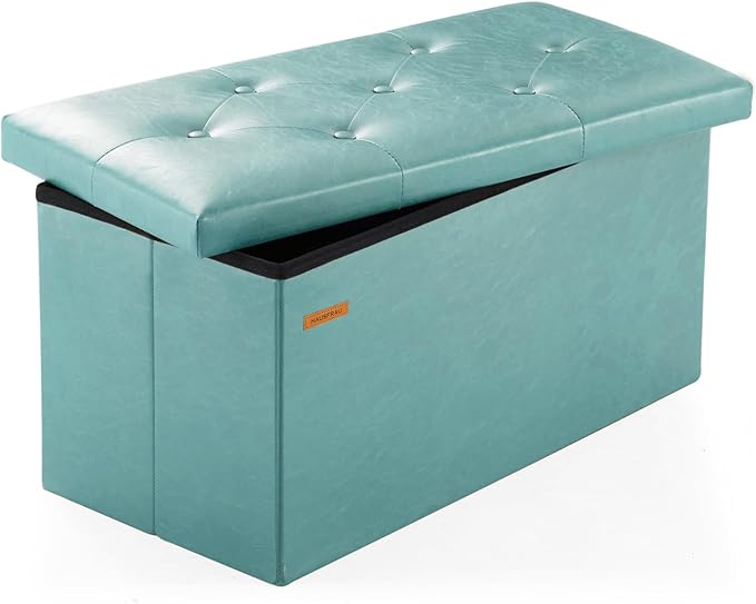 HAUSFRAU - Storage Ottoman Bench, 30 Inches Button Tufted Upholstered Ottoman Footstool with Storage for Living Room Bedroom Entryway, Load 660 lb, Synthetic Leather, Light Blue