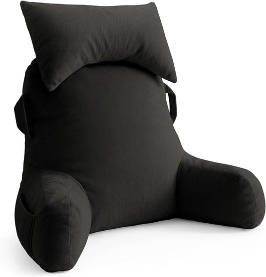 Unisakey Portable Reading Pillows with Headrest for Bed Sitting Up(Grey Oeko-Tex), Velvet Back Pillow with Arms & Pockets for Adults, Support Memory Foam Bed Pillow for Dorm/Reading/Watching/Gaming