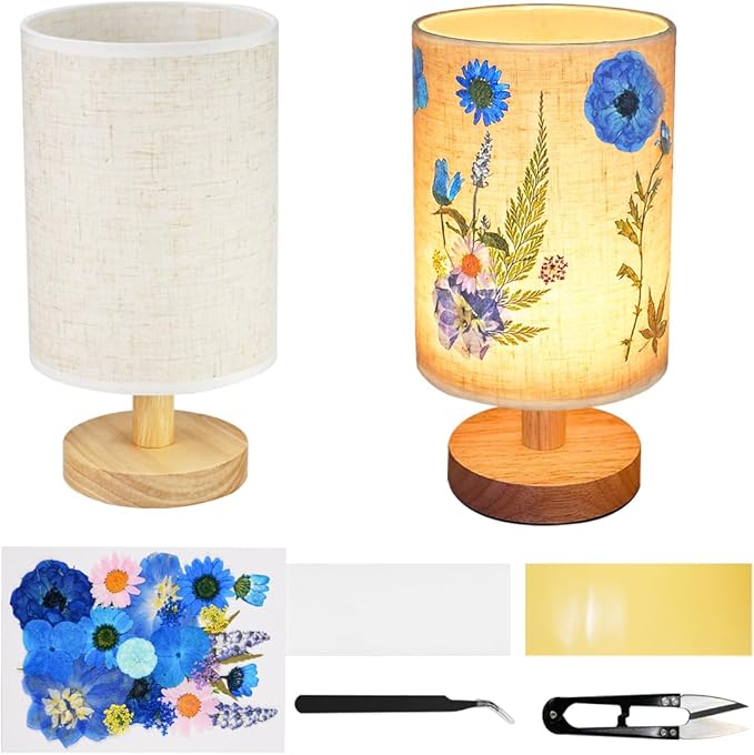 Dried Flowers Table Lamp，Handmade DIY Pressed Nature Flowers Lamp for Bedroom Living Room, Dorm, Home, Office Décor(4 Colors) (Blue)