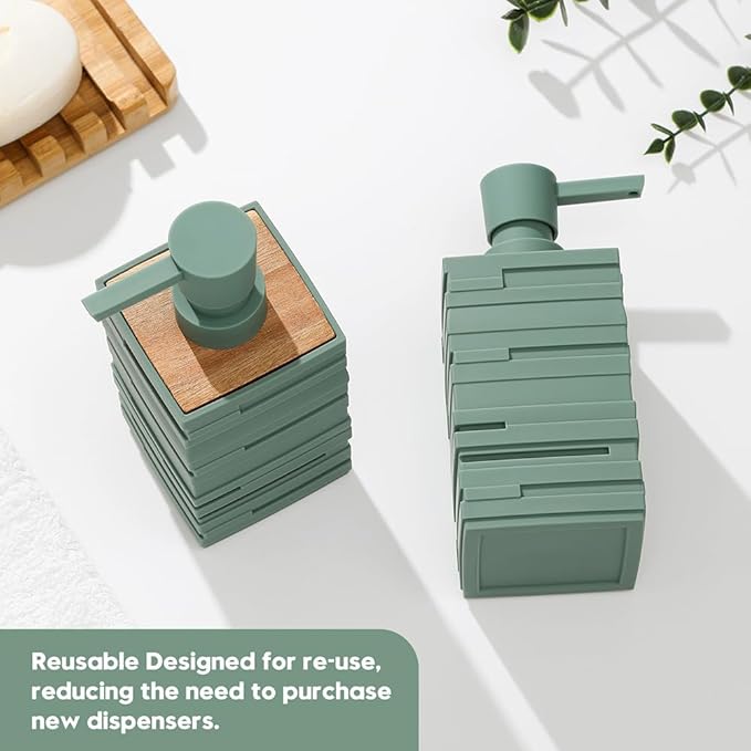YAUKPH Matte Green Teak Wood Hand Soap Dispenser 10 oz Square for Bathroom and Kitchen Countertops