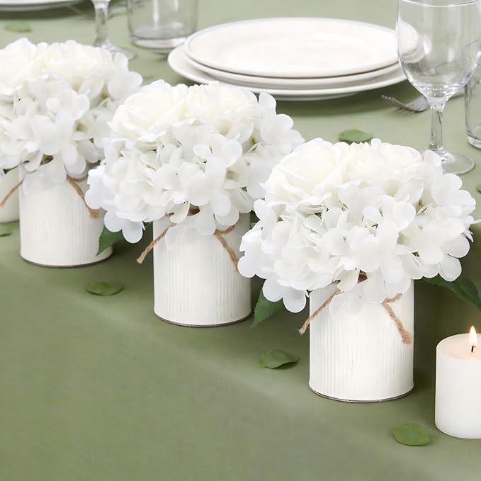 Flower Table Centerpieces - Set of 6 Floral Arrangement Artificial Wedding Hydrangeas Floral Arrangement with Rustic Metal Vase for Bridal Tea Party Event Decorations - White