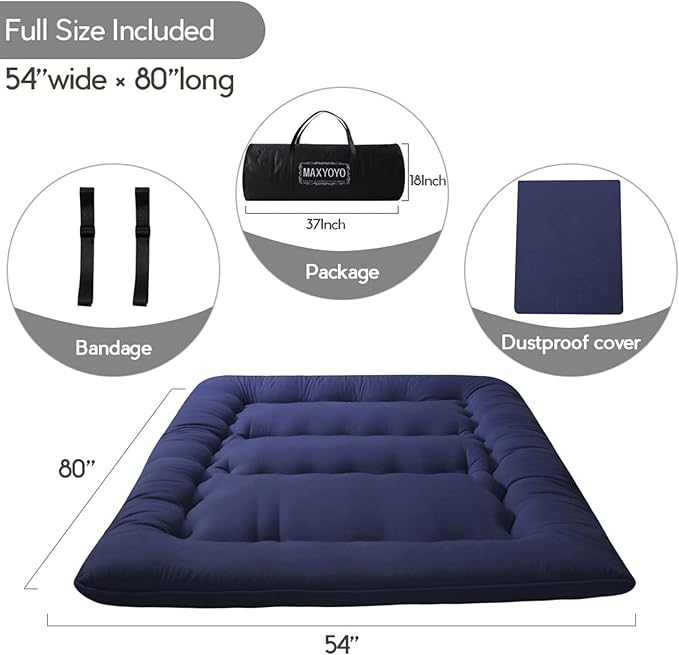 MAXYOYO Japanese Floor Mattress Futon Mattress, Thicken Tatami Mat Sleeping Pad Foldable Roll Up Mattress Boys Girls Dormitory Mattress Pad Kids Floor Lounger Cushion, Navy, Full