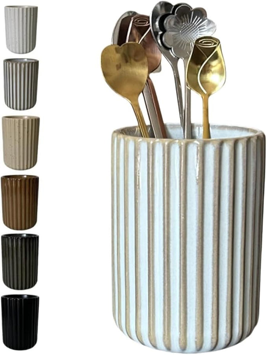 TOPYOKK Stoneware Coffee Bar Utensil Holder Tea & Coffee Spoon & Stirrer Holder for Stir Stick Straw Teaspoon Holder Spoon Cup Small Utensil Jar Fluted Vertical Stripe (Retro White)