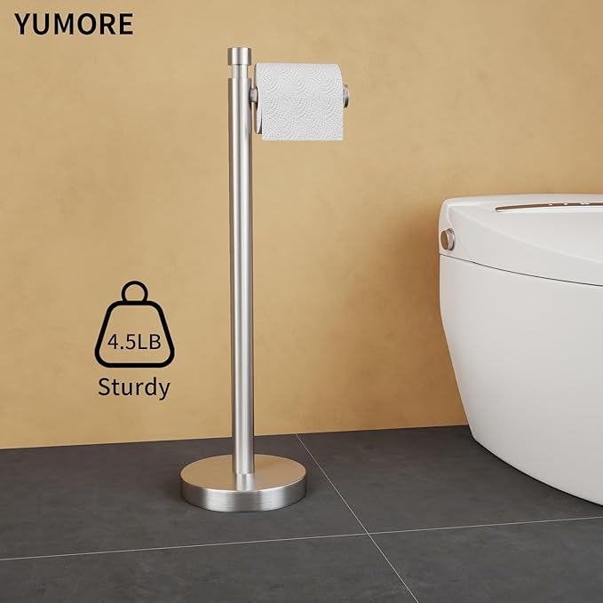 YUMORE Toilet Paper Holder Stand, 4.4lbs Heavy Duty Stainless Steel Free Standing Bathroom Tissue Roll Holder, Brushed Nickel