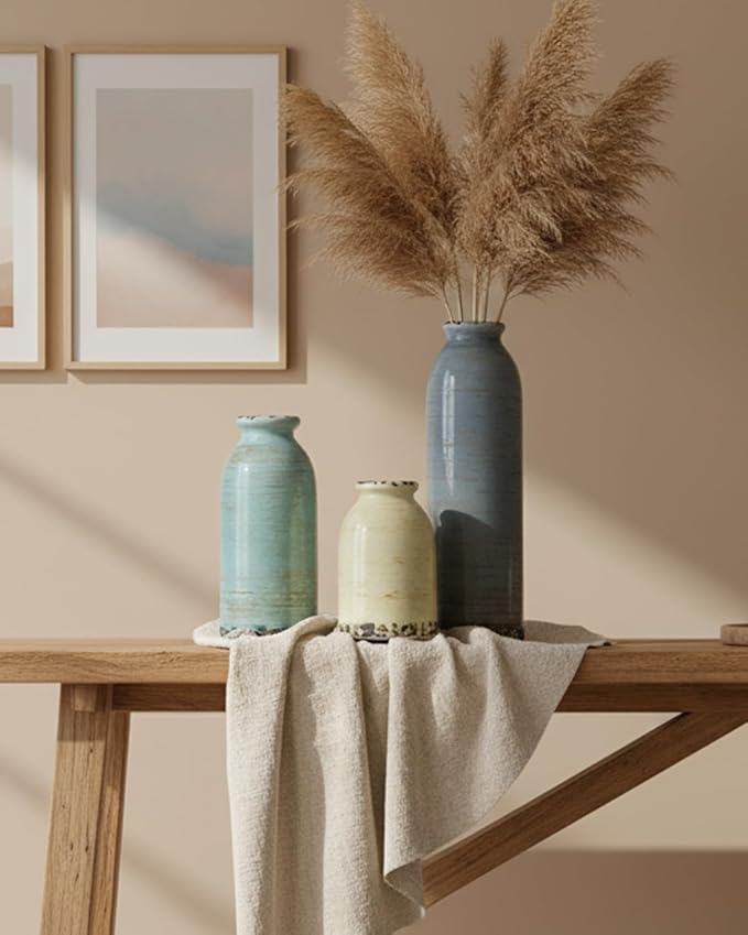 Morandi Ceramic Vase Set of 3 – Handmade Pottery Vases, Glazed Vintage Decor for Living Room, Table Centerpiece & Modern Rustic Home Styling