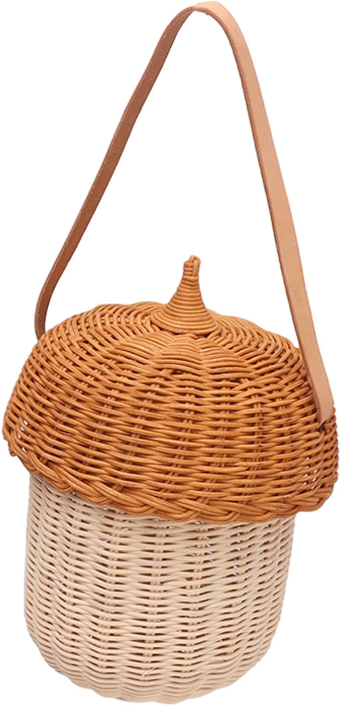 Hanging Baskets Rattan Storage Basket Handmade Photography Props Acorn Shaped Home Decorative for Girls Rattan Basket Bag Kids (Large Handbag)