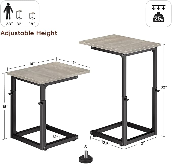 Vagusicc C Shaped End Table, Small Side Table for Couch, 33 "Tall C Table End Table Adjustable Height Couch Side Table, Tv Tray Table Sofa Table, Slide Under Couch Table for Living Room, Bedroom, Gray