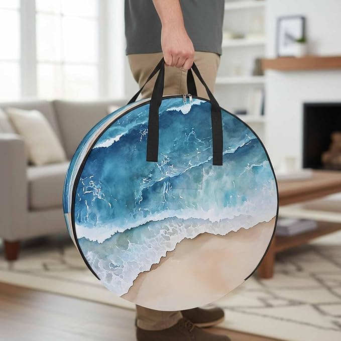 Abstract Waves Round Storage Bag 30 Inch, Blue White Ocean Spray Seaside Watercolor Clothes Storage Container with Handles Heavy Duty Organizer for Comforter, Bedding & Holiday Wreaths