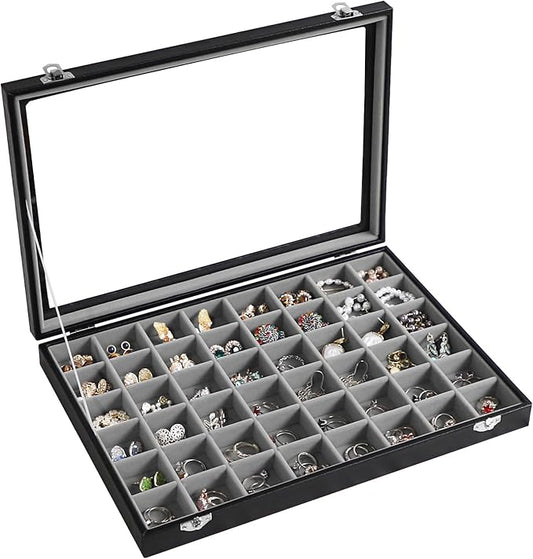 Stratalife Jewelry Organizer 48 Grid Jewelry Tray with Clear Lid Dust-proof Velvet Earring Organizer Necklace Rings Holder Display Drawer Storage Case for Women Gray Black