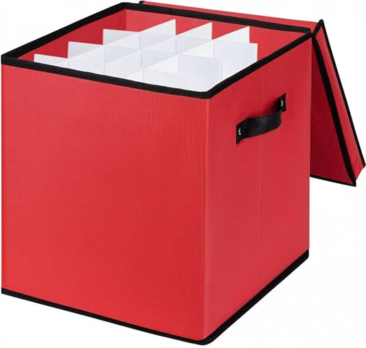 Mobi Lock Christmas Ornament Storage Box with Dividers - Holiday Ornament Organizer Bag - Holds 64 Balls - Durable Red Fabric Container, No Tray - Foldable Xmas Decorations Storage