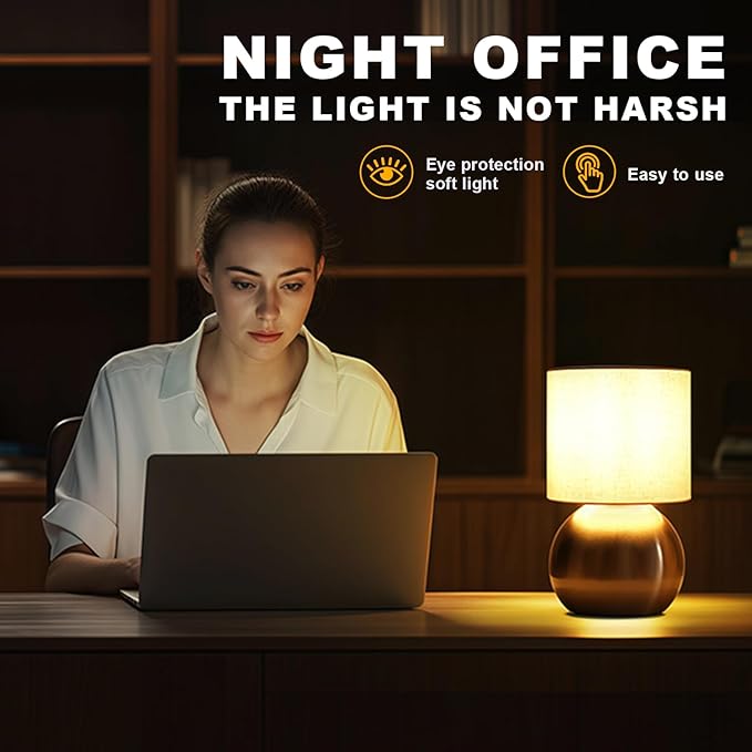 Modern Golden Small Table Lamp with Cotton Linen Shade, 10.4-inch LED Desk Light, One-Button Switch for Bedroom, Living Room, Nightstand, Includes Warm Light Bulb