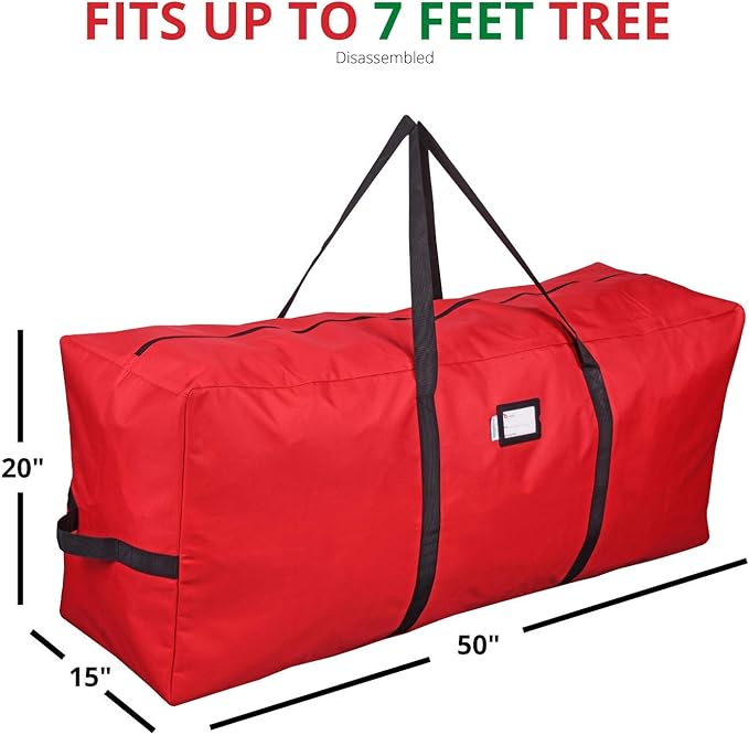 Primode Heavy Duty Christmas Tree Storage Bag | Fits Up to 7-8 Ft. Disassembled Holiday Tree | 50” x 15” x 20” Tree Storage Container | Durable 600D Oxford Material | Xmas Storage Box (Red)