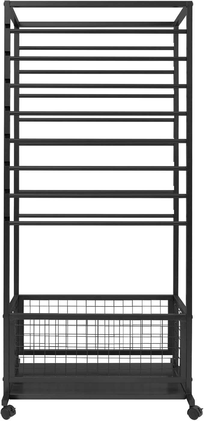 Mobile Ribbon Holder Double-Sided Ribbon Organizer Rack with 16 Hanging Rods Multifunctional Flower Wrapping Paper Storage Stand with Lockable Wheels Wrapping Paper Rack (26.38*12.99*59.06in, Black)