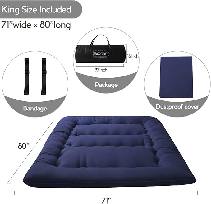 MAXYOYO Japanese Floor Mattress Futon Mattress, Thicken Tatami Mat Sleeping Pad Foldable Roll Up Mattress Boys Girls Dormitory Mattress Pad Kids Floor Lounger Cushion, Navy, King
