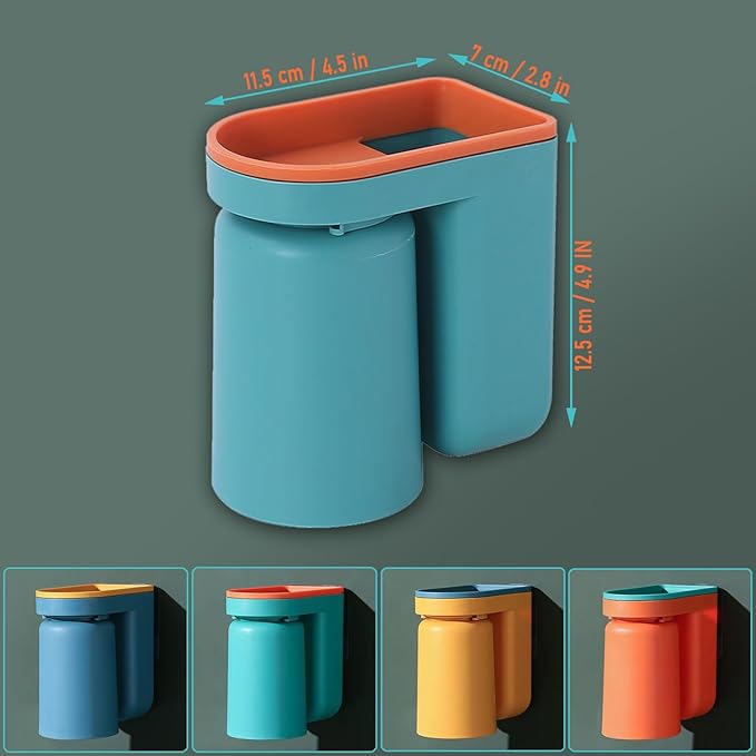 Toothbrush Holder Wall Mounted with Cup,2-in-1 Toothbrush Holders & Cups Set,Inverted Design for Easy Cleaning and draining,Stick-on Toothbrush Holder for Bathroom (Blue)