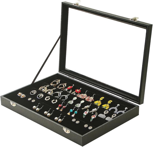 Coward Earring Organizer Tray Box, Black Velvet Earring Jewelry Display Storage Tray Case with Transparent Glass Lid for Home Drawer or Shop Selling