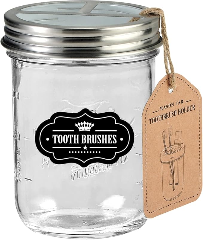 Mason Jar Toothbrush Holder - Brushed Nickel - with 16 Ounce Ball Mason Jar,Premium Rustproof 304 Stainless Steel Lid and Chalkboard Labels - Rustic Farmhouse Decor Black Bathroom Accessories
