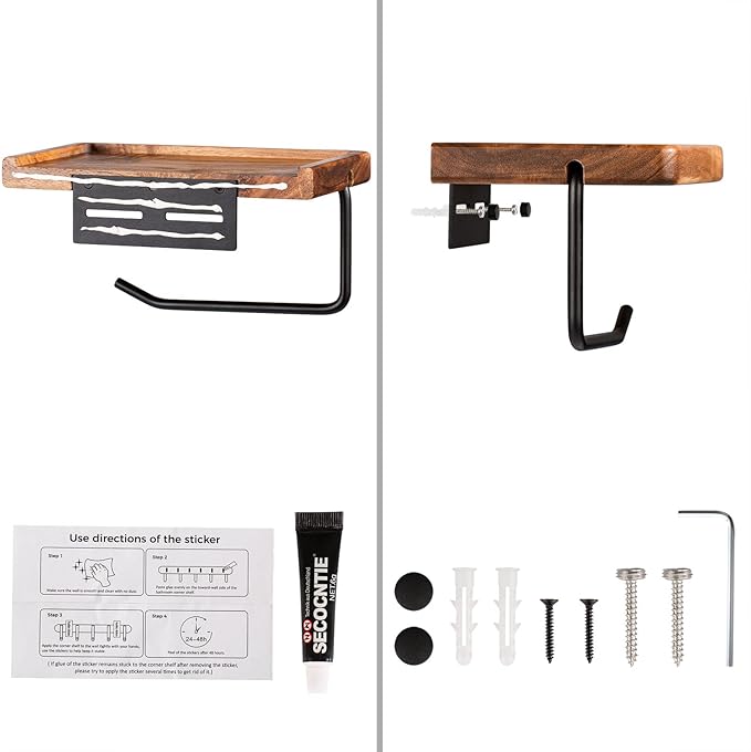 Yangbaga Toilet Paper Holder with Shelf: Wall Mount Bathroom Tissue Roll Storage with Adhesive& Screw, Matte Black Aluminum Alloy Bathroom Accessories Wood Shelf for Phone Wipes