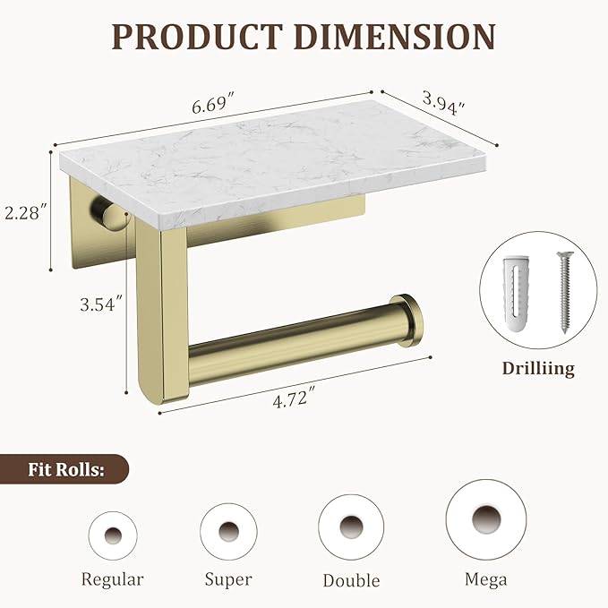 BWE Brushed Gold Toilet Paper Holder with Marble Shelf, Toilet Paper Roll Holder Wall Mounted, Toilet Paper Roll Holder with Phone Shelf 304 Stainless Steel Tissue Holder for Bathroom Washroom