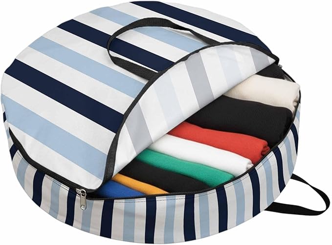 Storage Bag Navy Blue Stripes Round Storage Totes Bins Closet Organizers with Zippers & Handle Contrast Striped Clothes Storage Container for Bedroom Dorm Space Saving Packing Supplies Moving Bags