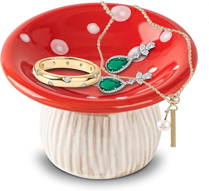 dgudgu Mushroom Ring Holder Jewelry Tray Red Dish Ceramic Trinket Storage Jar Mini Engagement Ring Holder