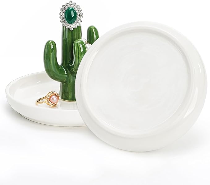 Elsjoy Set of 2 Ceramic Ring Holder Dish, Decorative Round Jewelry Display Trays, Aloe & Cactus Small Trinket Plate for Home, Gift, Mother's Day