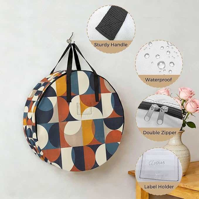 Storage Bag Mid Century Geometric Round Storage Totes Bins Closet Organizers with Zippers & Handle Abstract Modern Clothes Storage Container for Bedroom Dorm Space Saving Packing Supplies Moving Bags