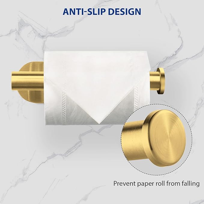 Toilet Paper Holder, Self Adhesive Toilet Paper Roll Holder No Drilling Wall Mount for Kitchen, Bathroom, Toilet, Brushed Gold Stainless Steel