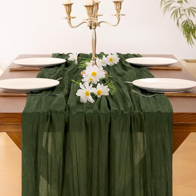Socomi Olive Green Spring Cheesecloth Table Runner Boho Rustic Gauze 120 inch 10FT Cheese Cloth Runner for Wedding Party Baby Shower Birthday Home Decor