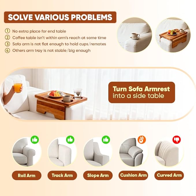 15.35" x 10.24" Teak Wood Couch Arm Tray, Sofa Armrest Table with Dual Cup Holders, Clip-on Tray for Wide Couch - Side Table for Eating & Drink, Snack, Phone, Remote
