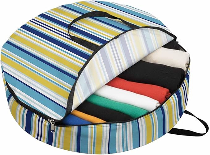 Storage Bag Navy Blue Striped Round Storage Totes Bins Closet Organizers with Zippers & Handle Geometric Yellow Stripes Clothes Storage Container for Bedroom Dorm Space Saving Packing Supplies Bags