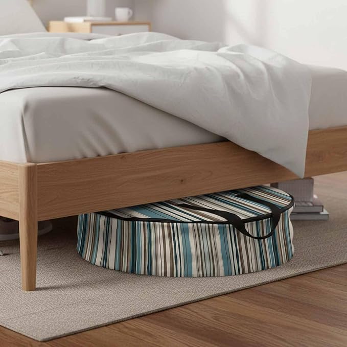 Boho Vertical Stripe Round Storage Bag 24 Inch, Green Beige Simple Lines Clothes Storage Container with Handles Heavy Duty Organizer for Comforter, Bedding & Holiday Wreaths