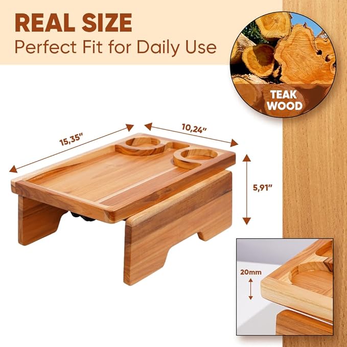 15.35" x 10.24" Teak Wood Couch Arm Tray, Sofa Armrest Table with Dual Cup Holders, Clip-on Tray for Wide Couch - Side Table for Eating & Drink, Snack, Phone, Remote