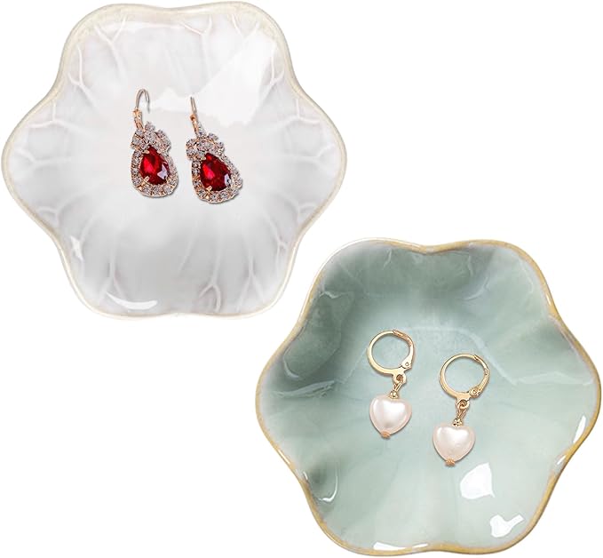Binoster 2 Pcs Ceramic Jewelry Dish, Jewelry Tray Key Tray,Small Ring Dish Holder Jewelry Plate Trinket Dish Catchall Tray Nightstand Decor For Table Room Decor SM (4.3 In, White,Green)