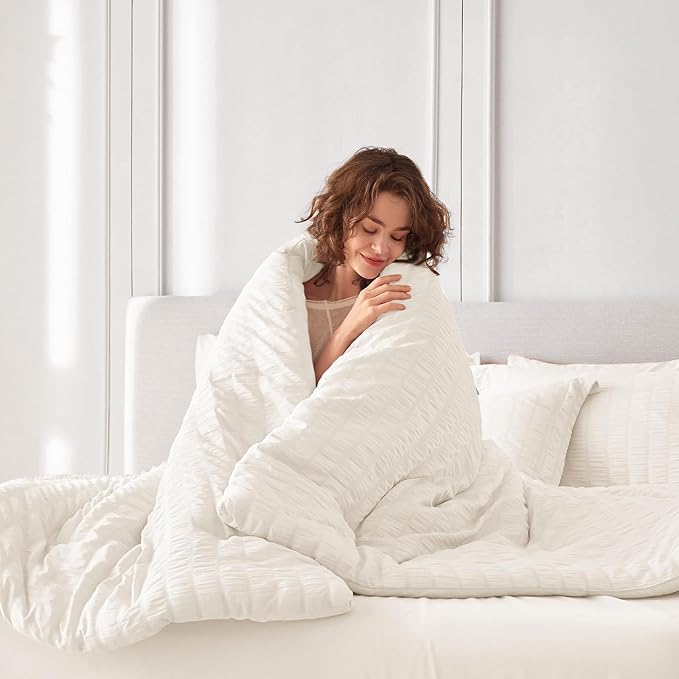 MUXHOMO 7 Pieces Full Comforter Set, Seersucker Bed in a Bag Full Size, All Season Luxury Bedding Set with Comforter, Flat Sheet, Fitted Sheet, Pillowcases & Shams, Ivory