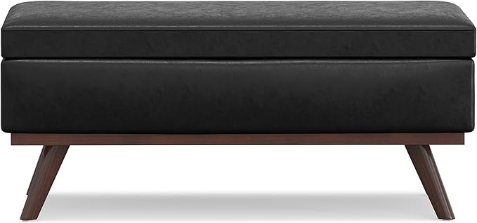 SIMPLIHOME Owen Lift Top Coffee Table Storage Ottoman - 42 inch Wide Upholstered Vegan Leather Rectangular Lift-Top Ottoman in Distressed Black, Mid-Century Modern Ottoman for Living Room