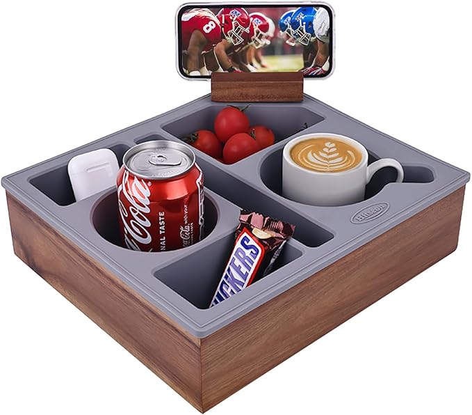 Couch Cup Holder,Hitseon Upgrade Silicone Acacia Wooden Cup Caddy with Cup Holder for Car Back Seat,Couch Console Caddy for Snack Drink Remote Control Grey