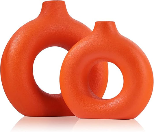 Orange Ceramics Vase for Home Decor,Minimalist Nordic Hollow Donut Vase Set of 2,Modern Boho Decor for Kitchen Table Centerpiece,Living Room,Fire Place,Bookshelf,Office,Entryway,Console