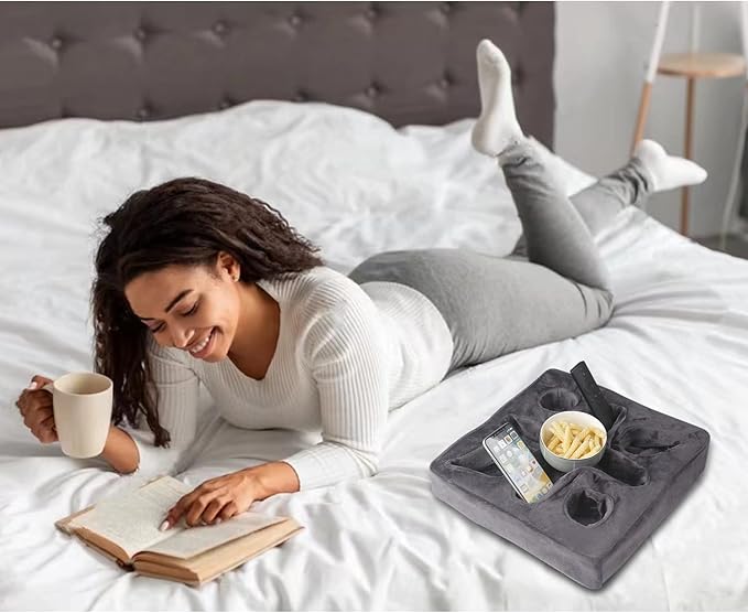 Couch and Bed Cup Holder Pillow, Sofa Refreshment Tray for Drinks/Remote Control/Snacks Holder (Gray)