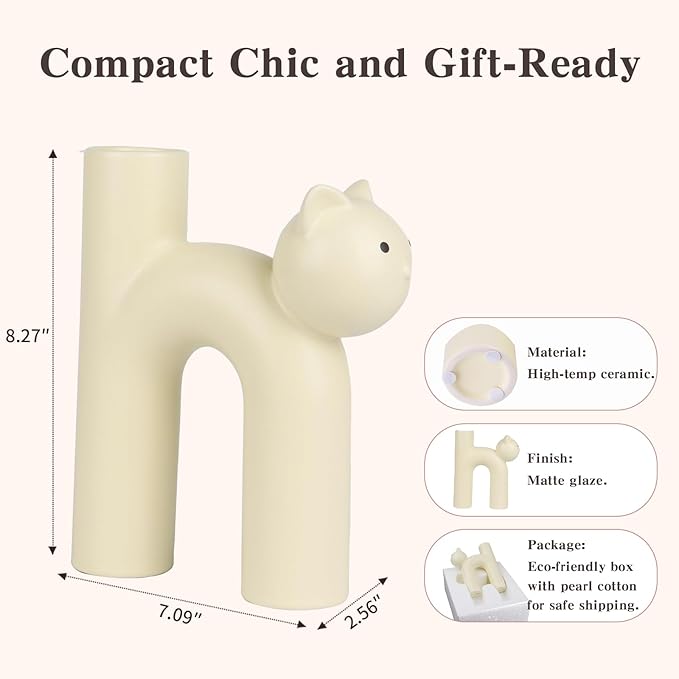 Cat Vase for Flowers, Ceramic Cat Decor for Home, Minimalist Flower Vase for Dried Flowers & Pampas Grass, Cat Lover Gifts for Women, Cat Mom Gifts, Cute Desk & Shelf Decor, Creamy Beige