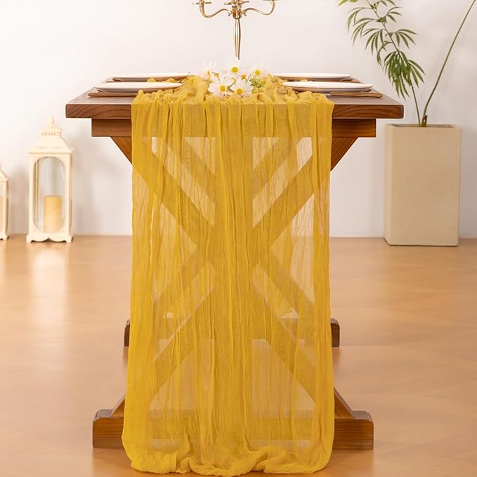 Socomi Gold Yellow Cheesecloth Table Runner Easter Spring Boho Rustic Gauze 120 inch 10FT Cheese Cloth Runner for Wedding Party Baby Shower Birthday Home Decor Holiday Decorations