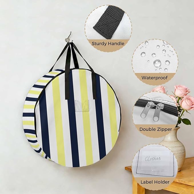 Storage Bag Navy Blue Yellow Stripes Round Storage Totes Bins Closet Organizers with Zippers & Handle Contrast Striped Clothes Storage Container for Bedroom Dorm Space Saving Packing Supplies Bags