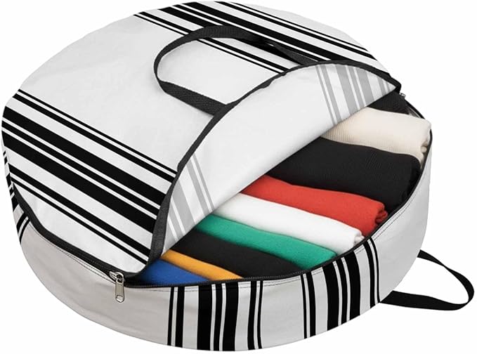 Storage Bag Black Stripes Round Storage Totes Bins Closet Organizers with Zippers & Handle Simple Style Clothes Storage Container for Bedroom Dorm Space Saving Packing Supplies Moving Bags
