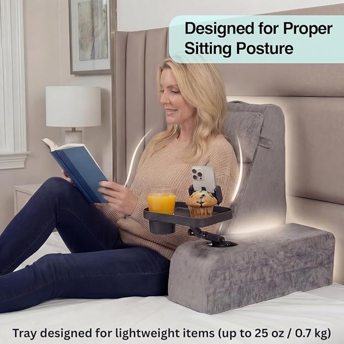 TabCouchCaddy Reading Pillow for Adults – 24” XL Memory Foam Backrest with Detachable Arms, Cup Holder, Phone Caddy & Adjustable Tray Mount | Back Pillow for Bed Sitting Up, Reading, TV & Recovery