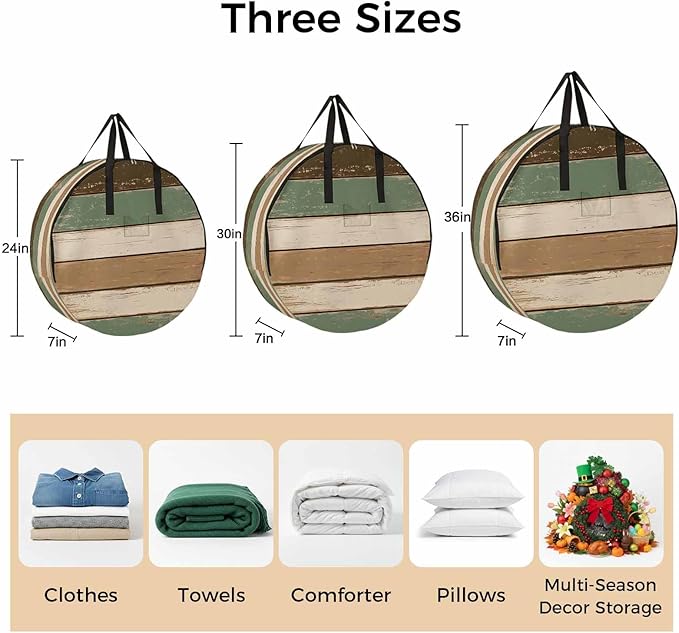 Retro Round Storage Bag 24 Inch, Brown Green Stripe Antique Wood Background Clothes Storage Container with Handles Heavy Duty Organizer for Comforter, Bedding & Holiday Wreaths