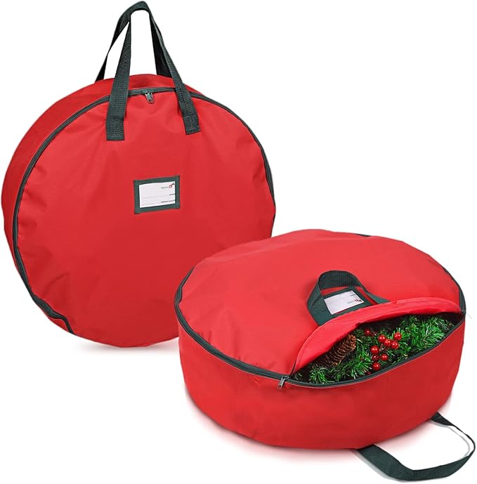 Primode Christmas Wreath Storage Bag 30" - 2 Pack Artificial Wreath Container - Garland Holiday Xmas Wreaths Holder - Sturdy Handles - Card Slot Dual Zipper Strong 420D Oxford (30 Inch, Red)