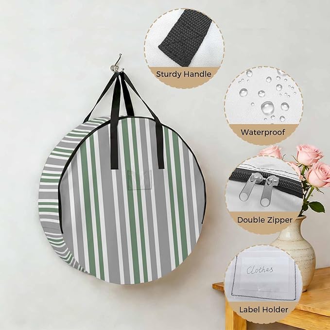 Storage Bag Sage Green Stripes Round Storage Totes Bins Closet Organizers with Zippers & Handle Grey Striped Lines Clothes Storage Container for Bedroom Dorm Space Saving Packing Supplies Moving Bags