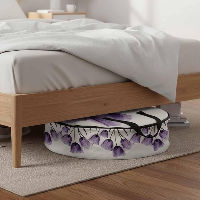 Spring Purple Round Storage Bag 24 Inch, Flowers X-ray Image of Tulips Floral Retro Clothes Storage Container with Handles Heavy Duty Organizer for Comforter, Bedding & Holiday Wreaths