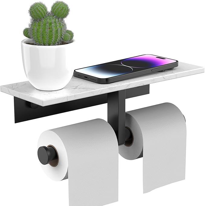 BWE Double Toilet Paper Holder with Shelf, Wall Mounted Tissue Roll Holder for Bathroom, Commercial Toilet Paper Dispenser, Marble Toilet Paper Storage Holder with Phone Shelf (Matte Black)