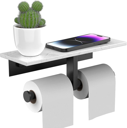 BWE Double Toilet Paper Holder with Shelf, Wall Mounted Tissue Roll Holder for Bathroom, Commercial Toilet Paper Dispenser, Marble Toilet Paper Storage Holder with Phone Shelf (Matte Black)